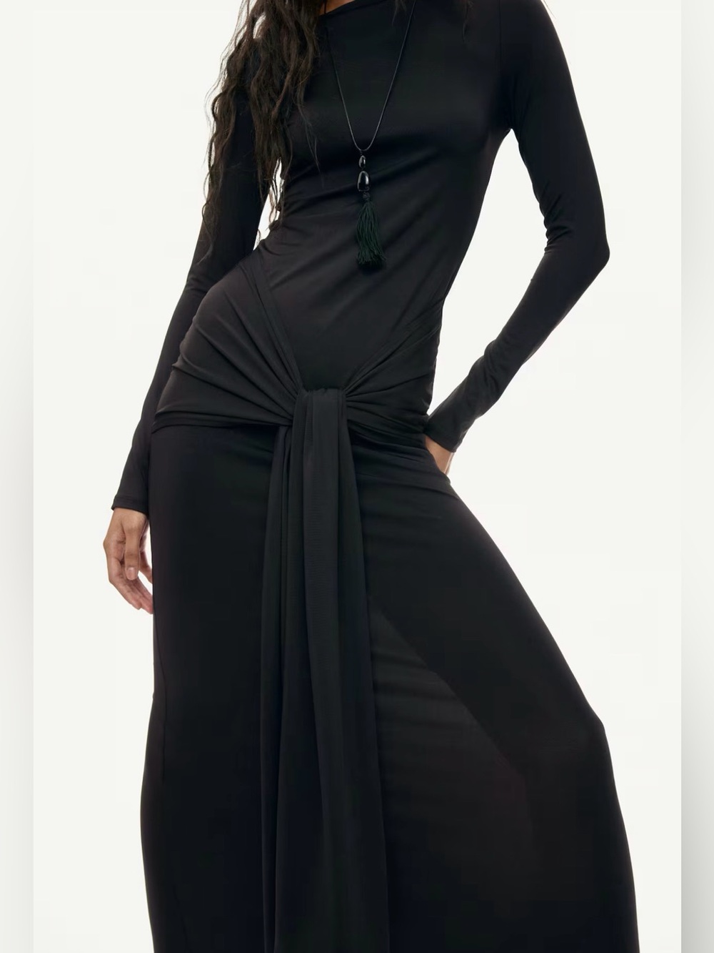 NEW H&M Black Long-Sleeve Knot-Detail Maxi Dress - Picture 3 of 4